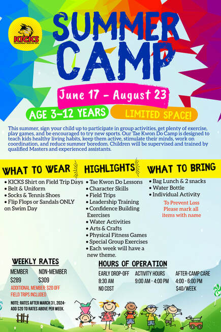 Summer Camp Weekly Rate $269 per week for members $289 per week for non members rates increase $20 per week after March 31, 2023 Drop off at 8:30 AM Camp Hours 9:00 AM - 4:00 PM after camp care available from 4:00 PM - 6:00 PM for additional $20 per week